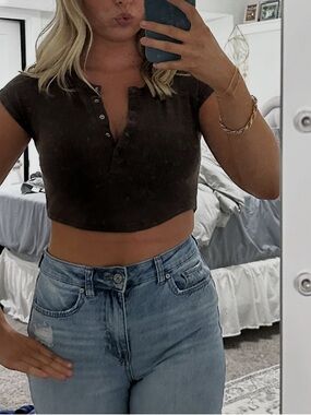 Garage Brown Cropped Button Henley Top
